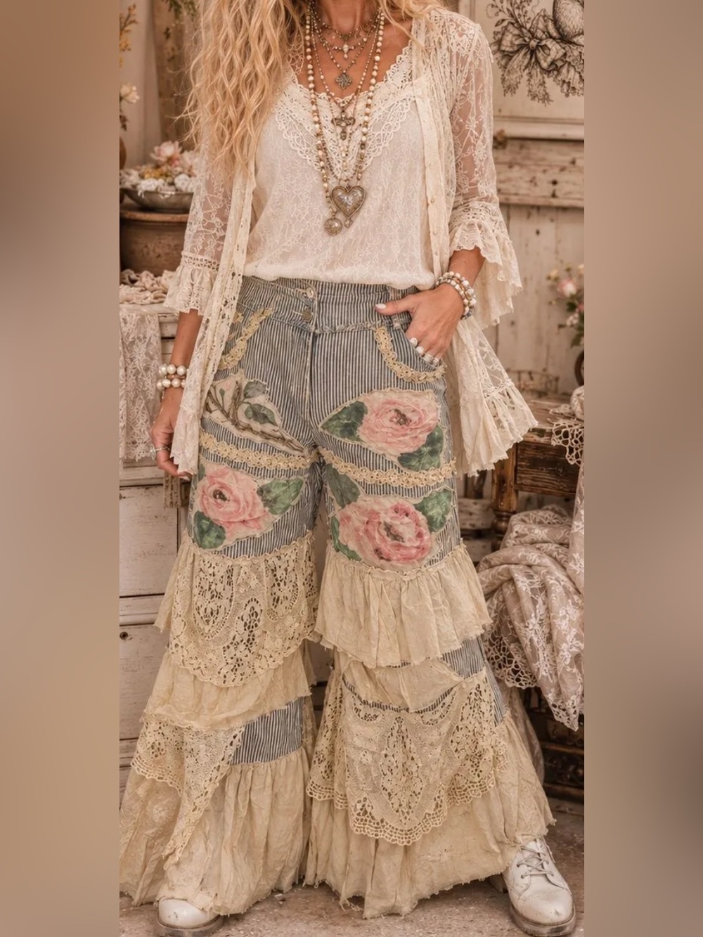 NWT A Rare Bird Rose Ticking Pants Sz M/L - Picture 2 of 4